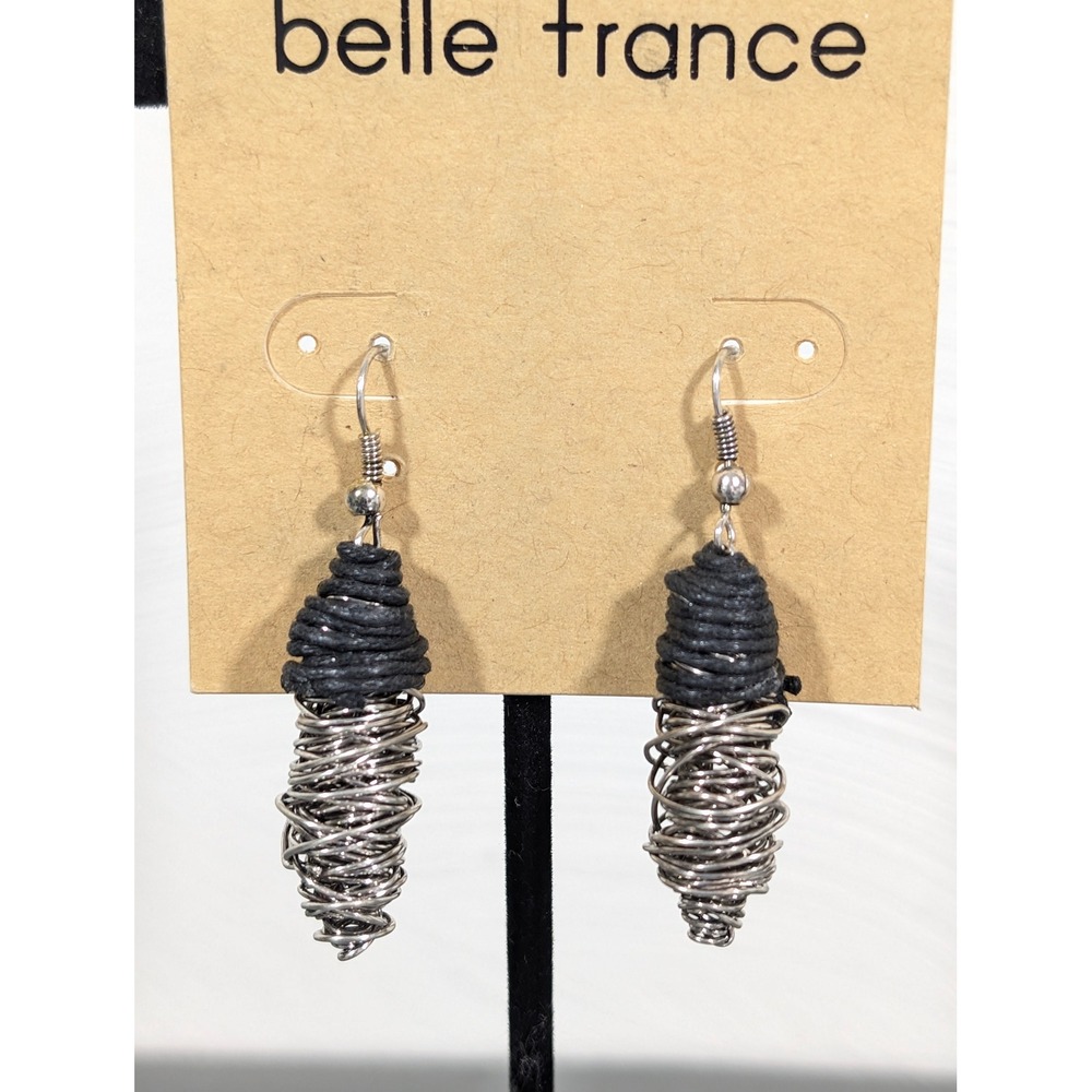 Bella France Silver Tone Wire Wrap Black Cord Dangle Statement Earrings